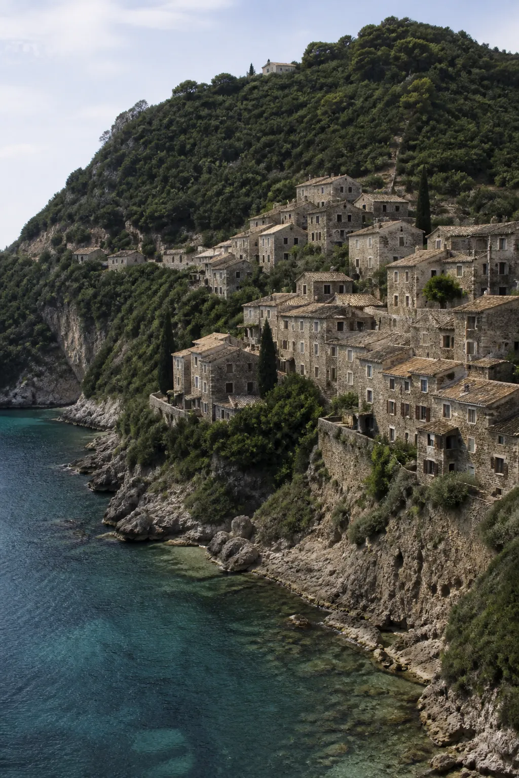 Village de pierre accroché à une colline au-dessus de la mer
