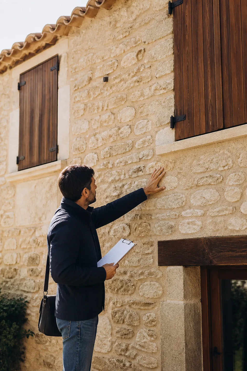 Expert en bâtiment examinant une maison en pierre avant un achat dans le Gard