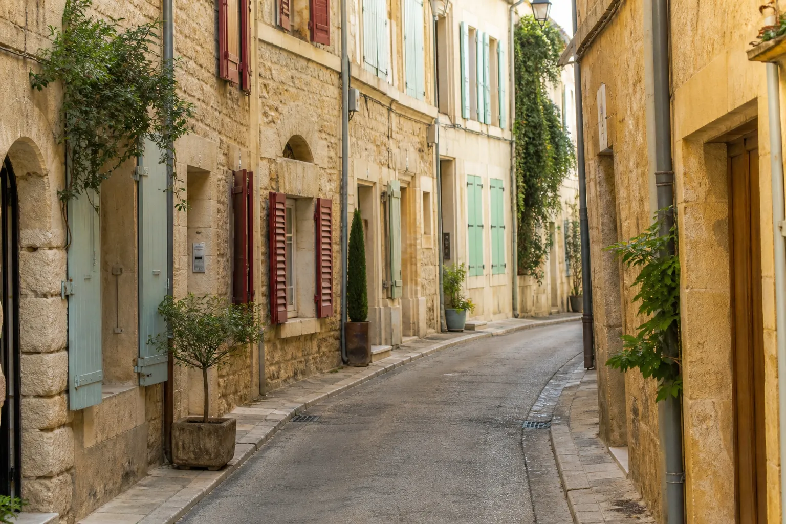 Rue de centre ancien avec maisons en pierre dans une ville du Gard