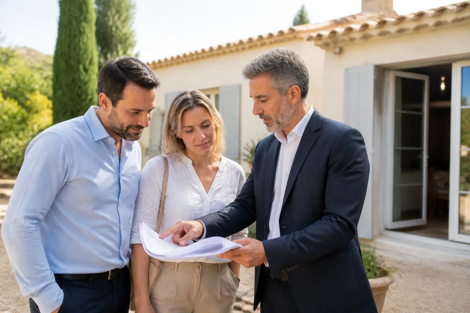 Expert commentant son rapport à des acheteurs devant une maison