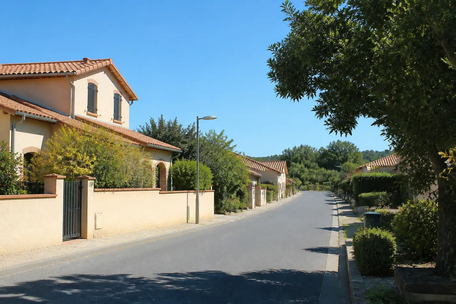Rue pavillonnaire de lotissement en Haute-Garonne