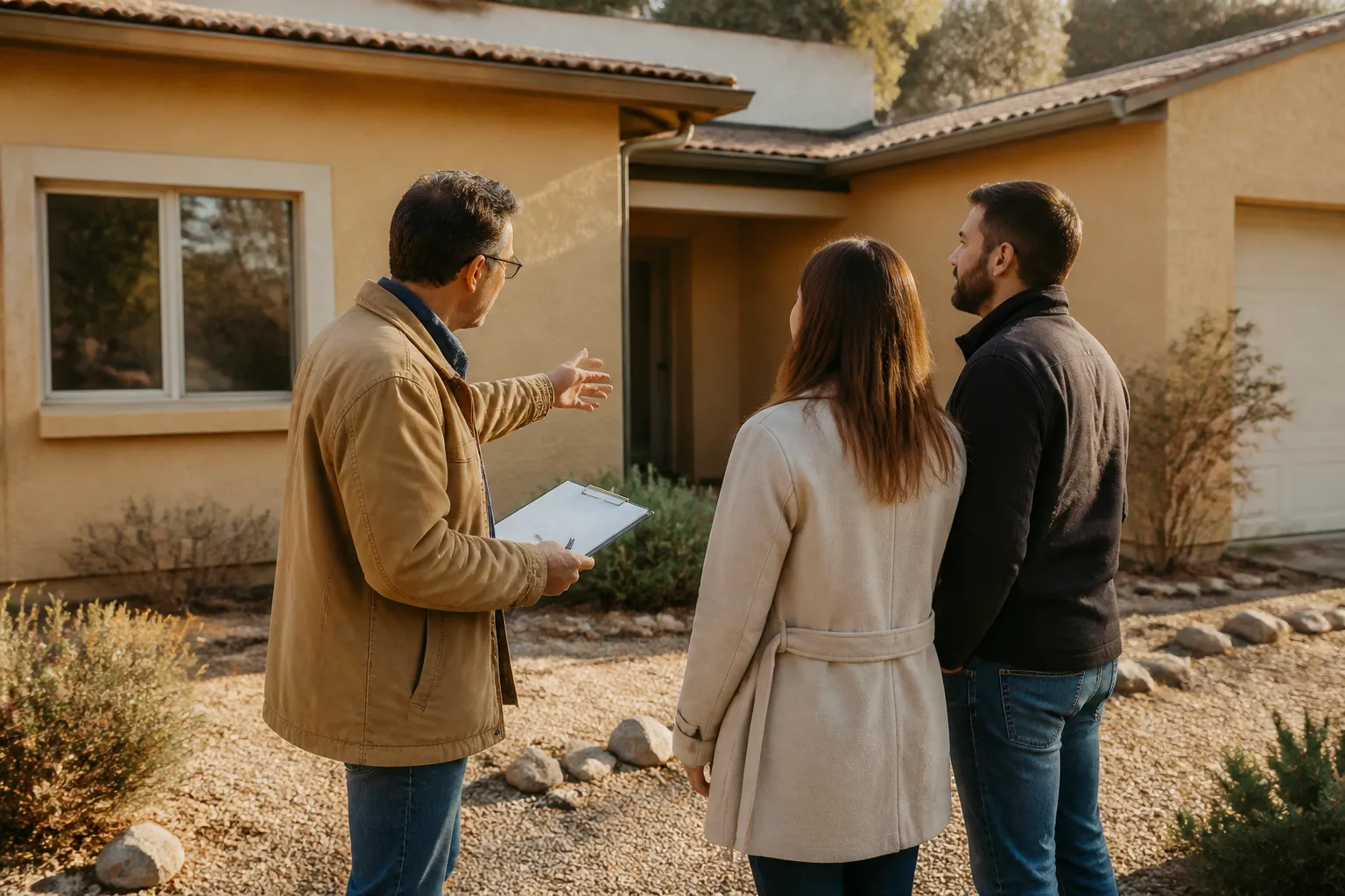 Expert et acheteurs échangeant devant une maison avant la signature du compromis