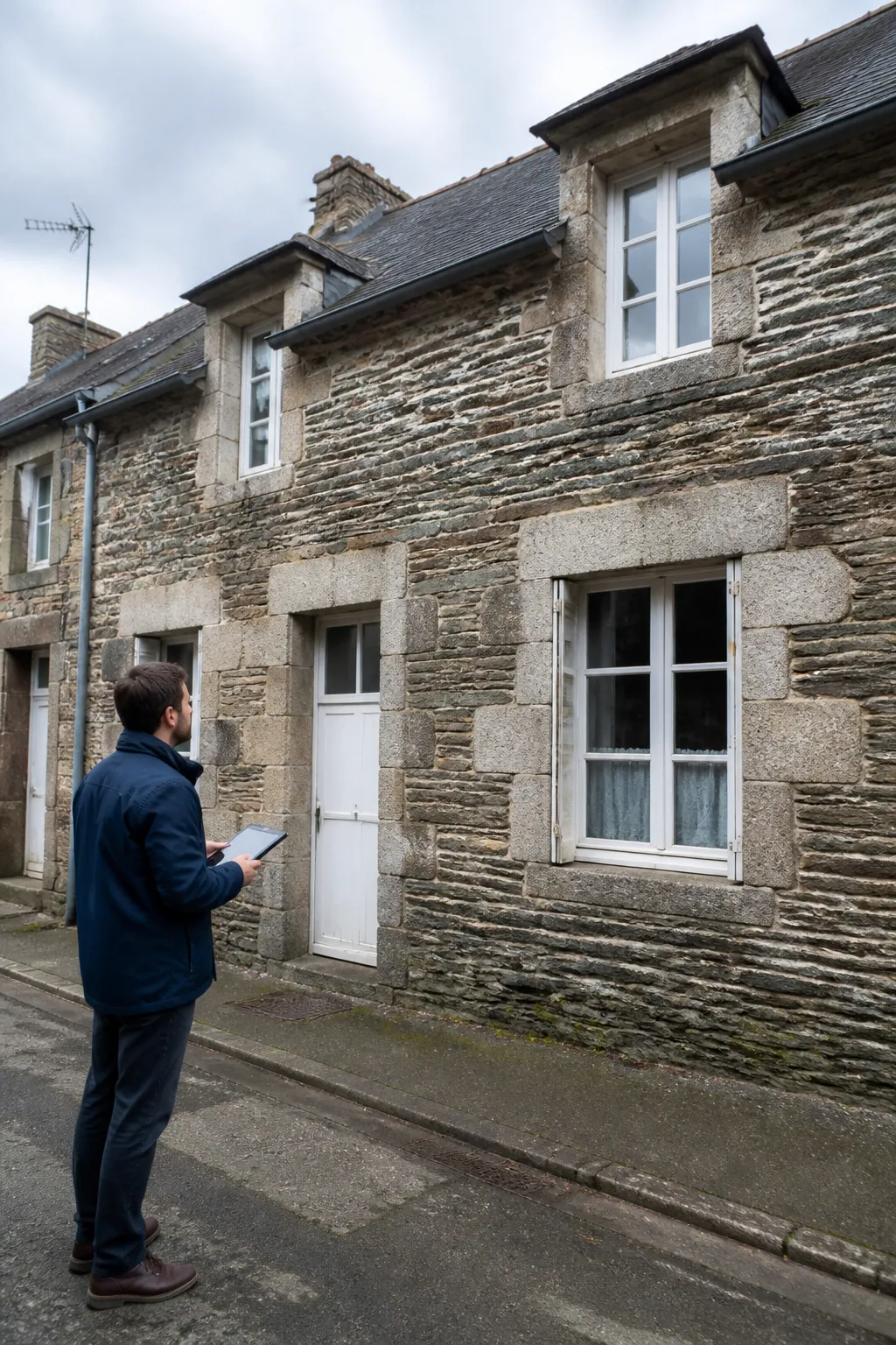 Expert en bâtiment examinant la façade en pierre d’une maison ancienne en Ille-et-Vilaine