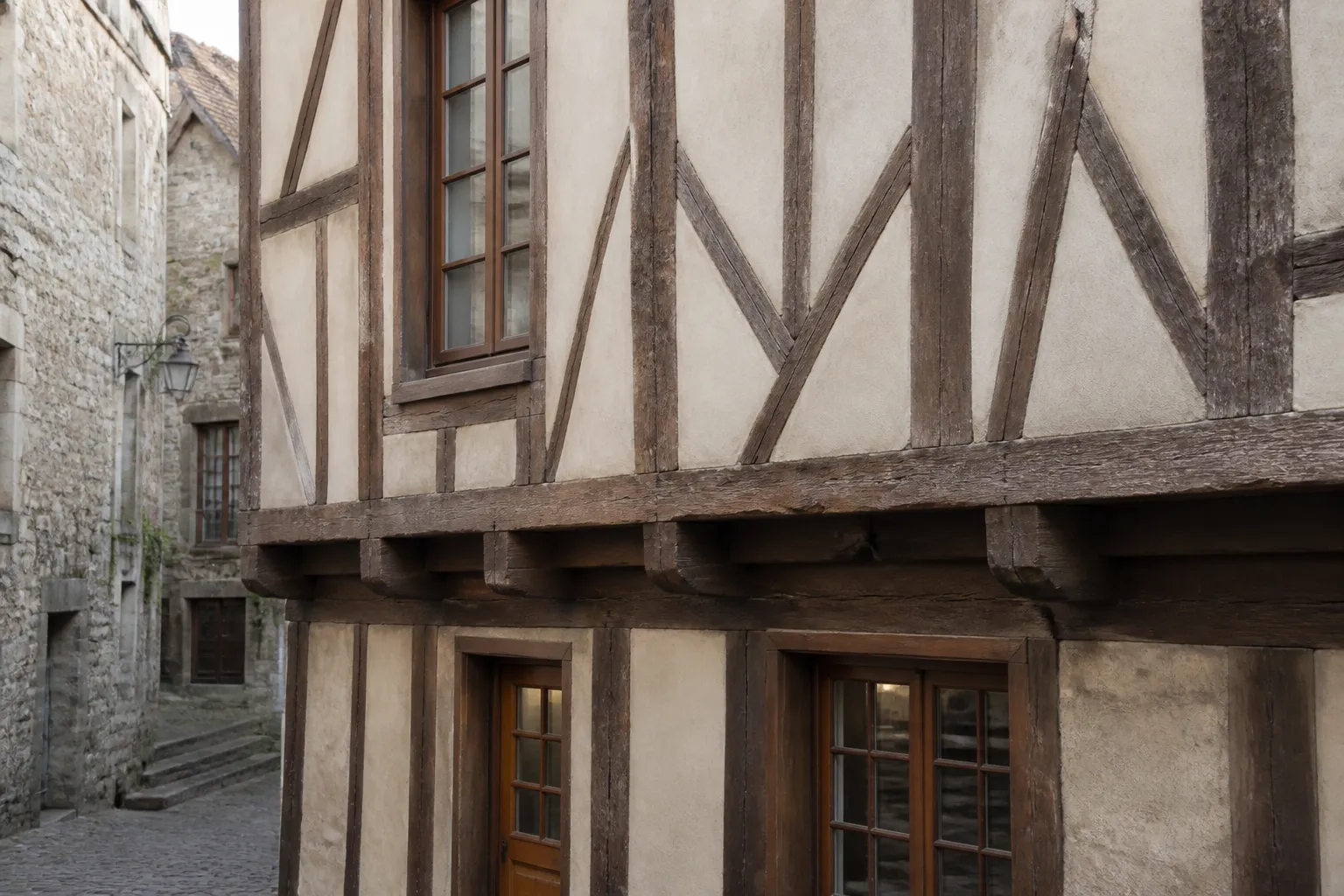 Façade à pans de bois avec colombages en chêne dans une rue ancienne
