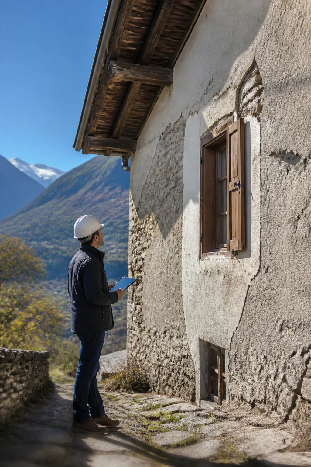 Expert en bâtiment examinant la façade d'une maison ancienne au pied des montagnes en Isère