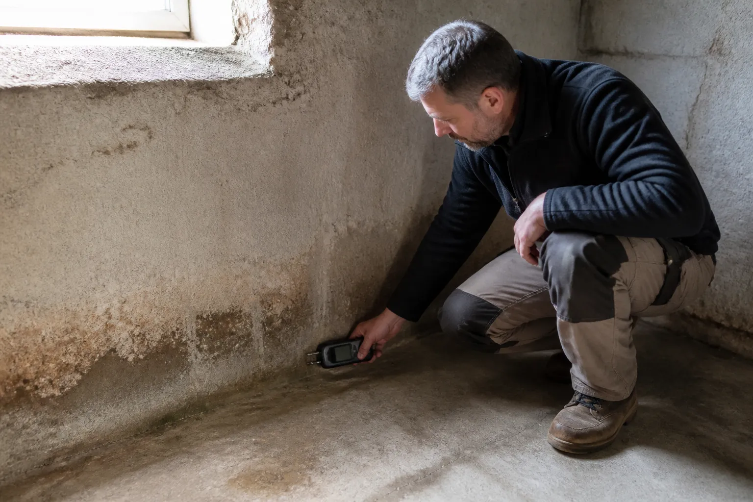 Expert mesurant l'humidité au pied d'un mur dans un sous-sol