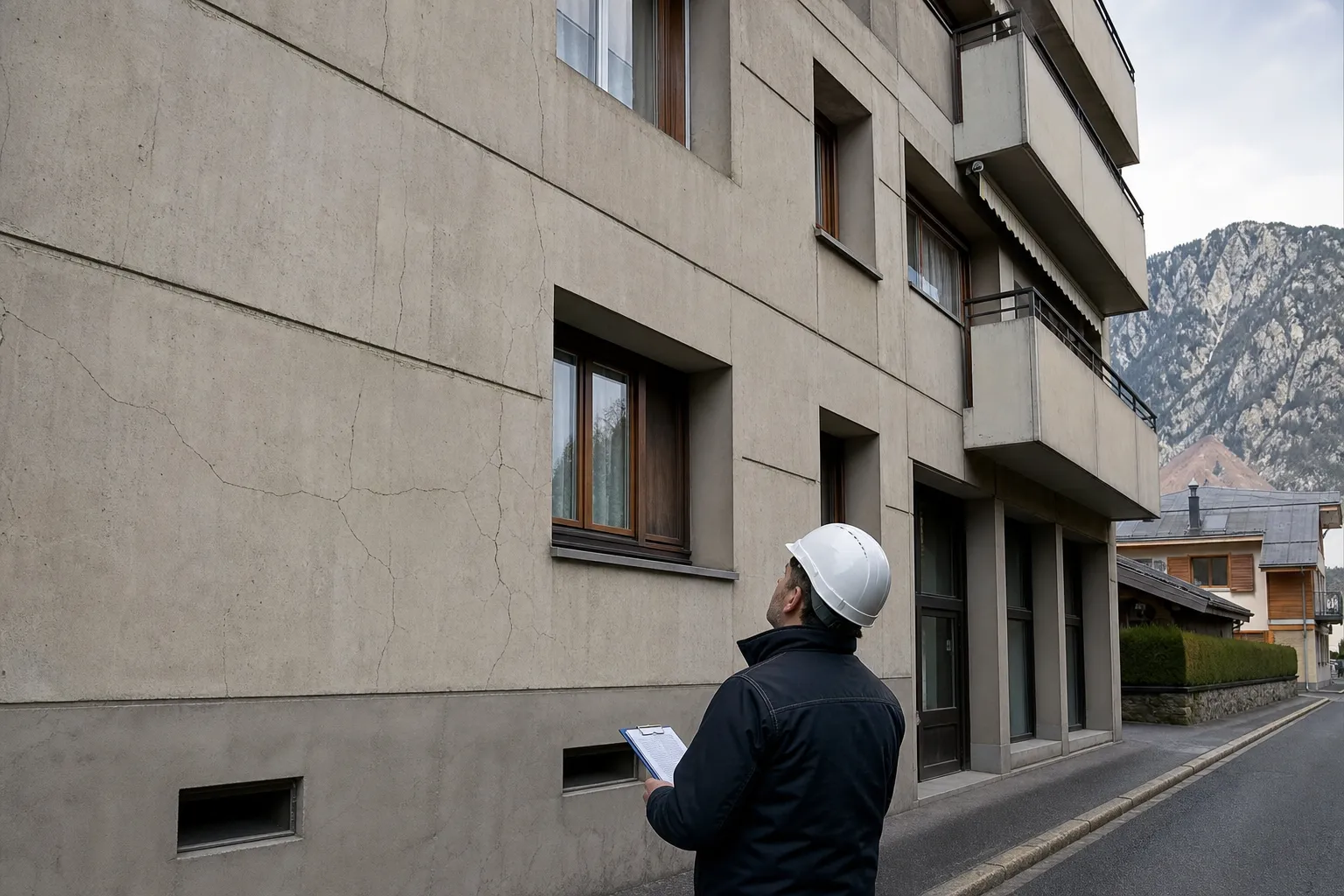Façade d'immeuble collectif avec fissures fines observées par un expert