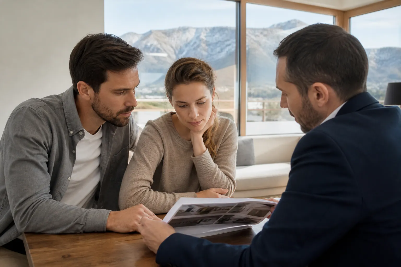 Acheteurs lisant un rapport d'expertise avec un expert dans un salon