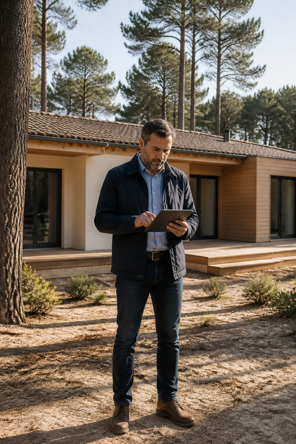 Expert en bâtiment devant une maison entourée de pins dans les Landes