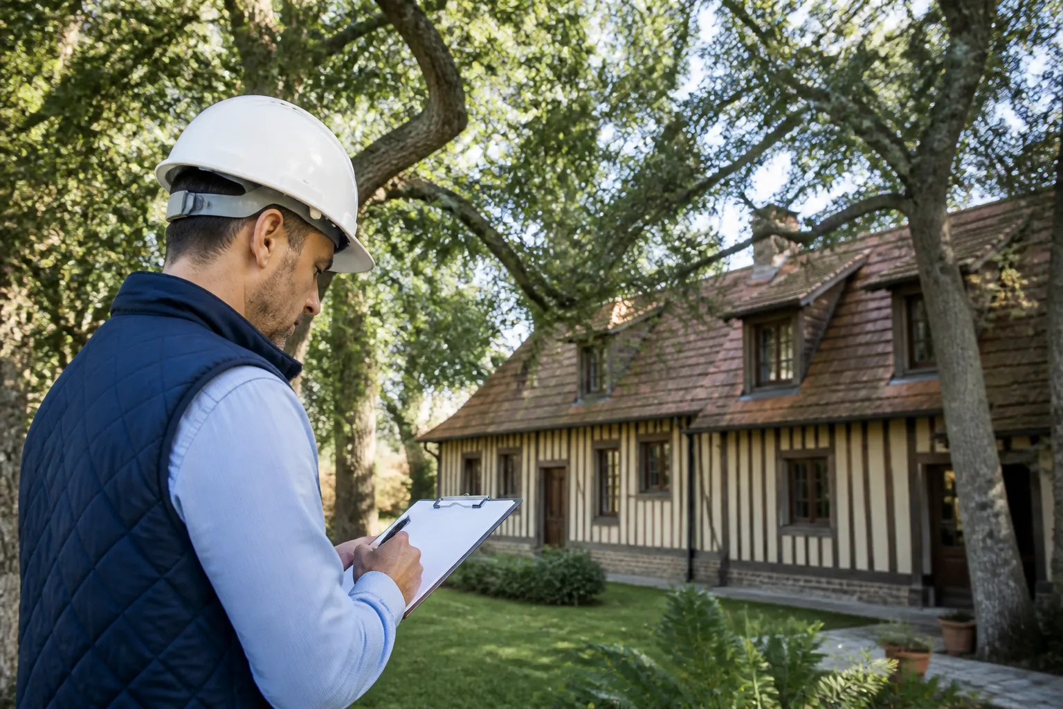 Expert notant ses constats devant une maison landaise