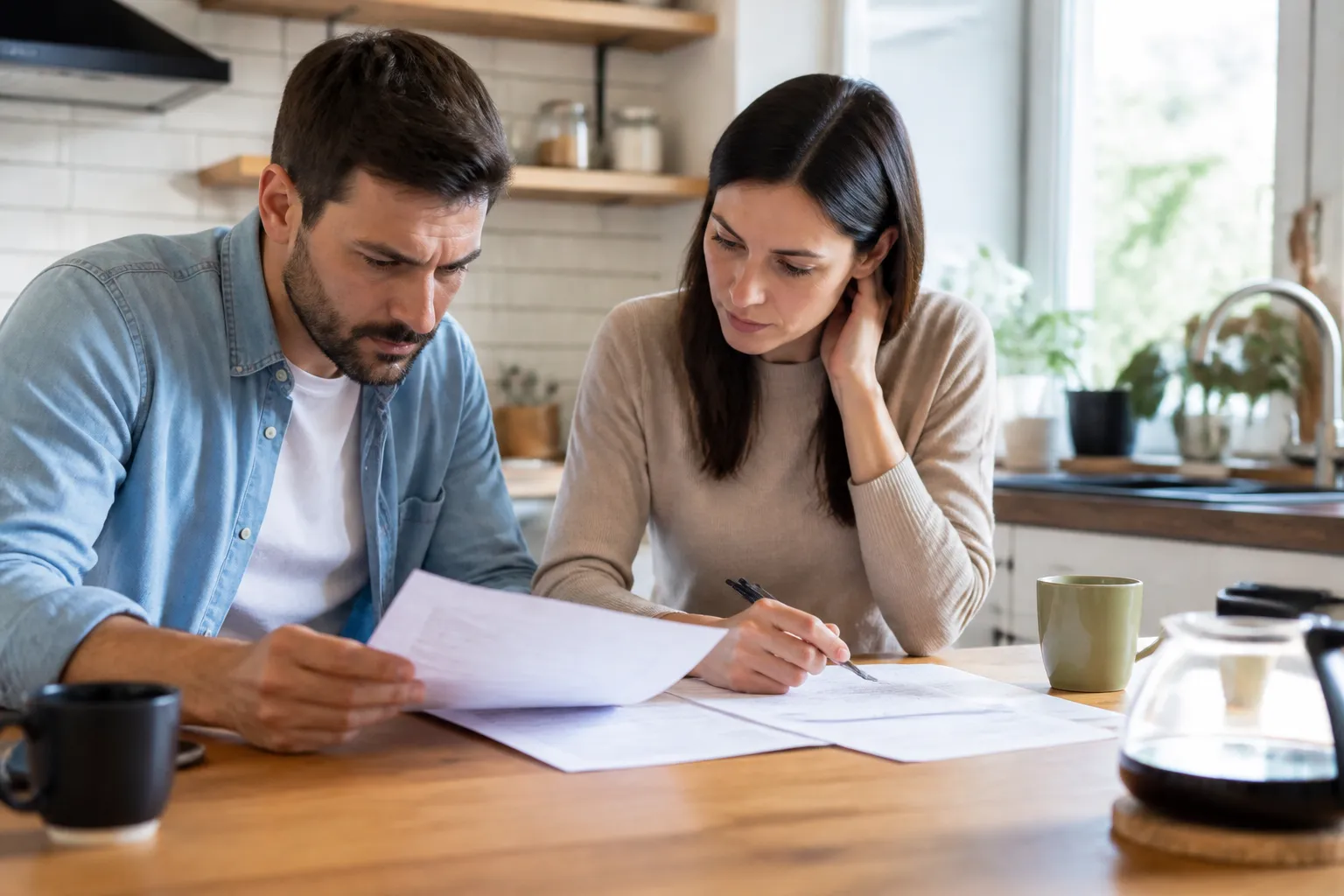Acheteurs lisant un état des risques sur une table avant la signature