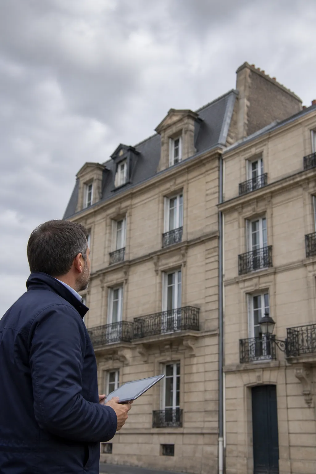 Expert en bâtiment examinant la façade d’un immeuble ancien en pierre claire au toit d’ardoise