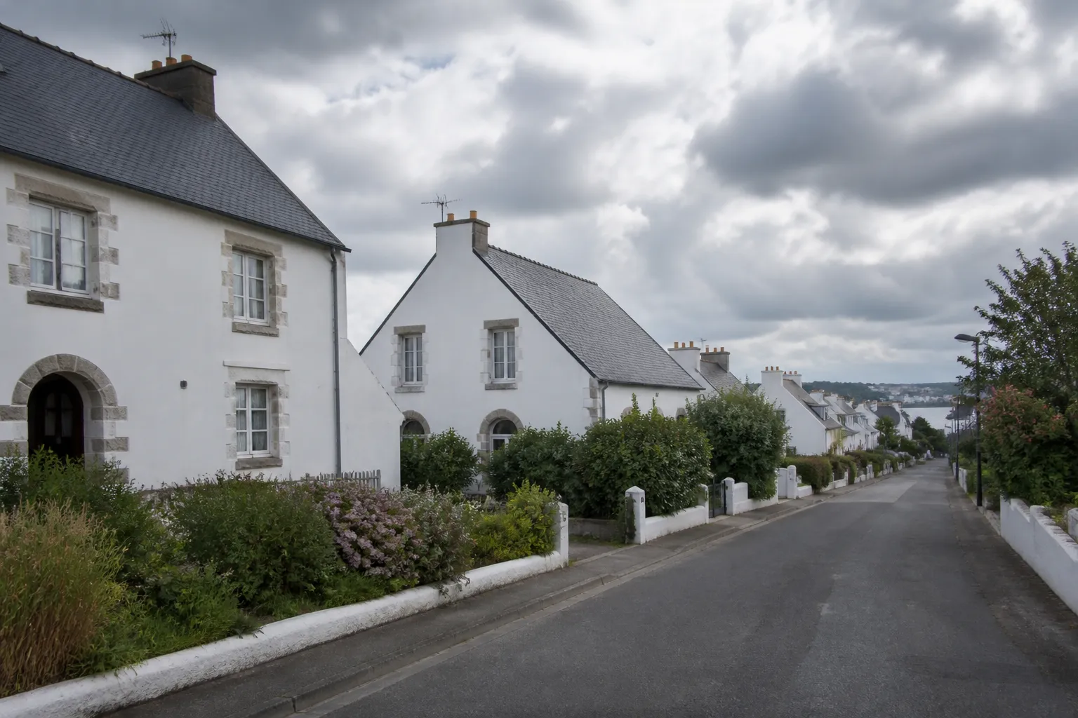 Quartier résidentiel de maisons aux toits d’ardoise sous un ciel nuageux