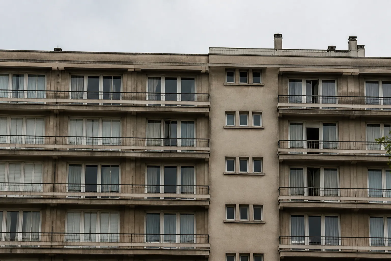Façade d’immeuble en béton des années 1950 avec balcons
