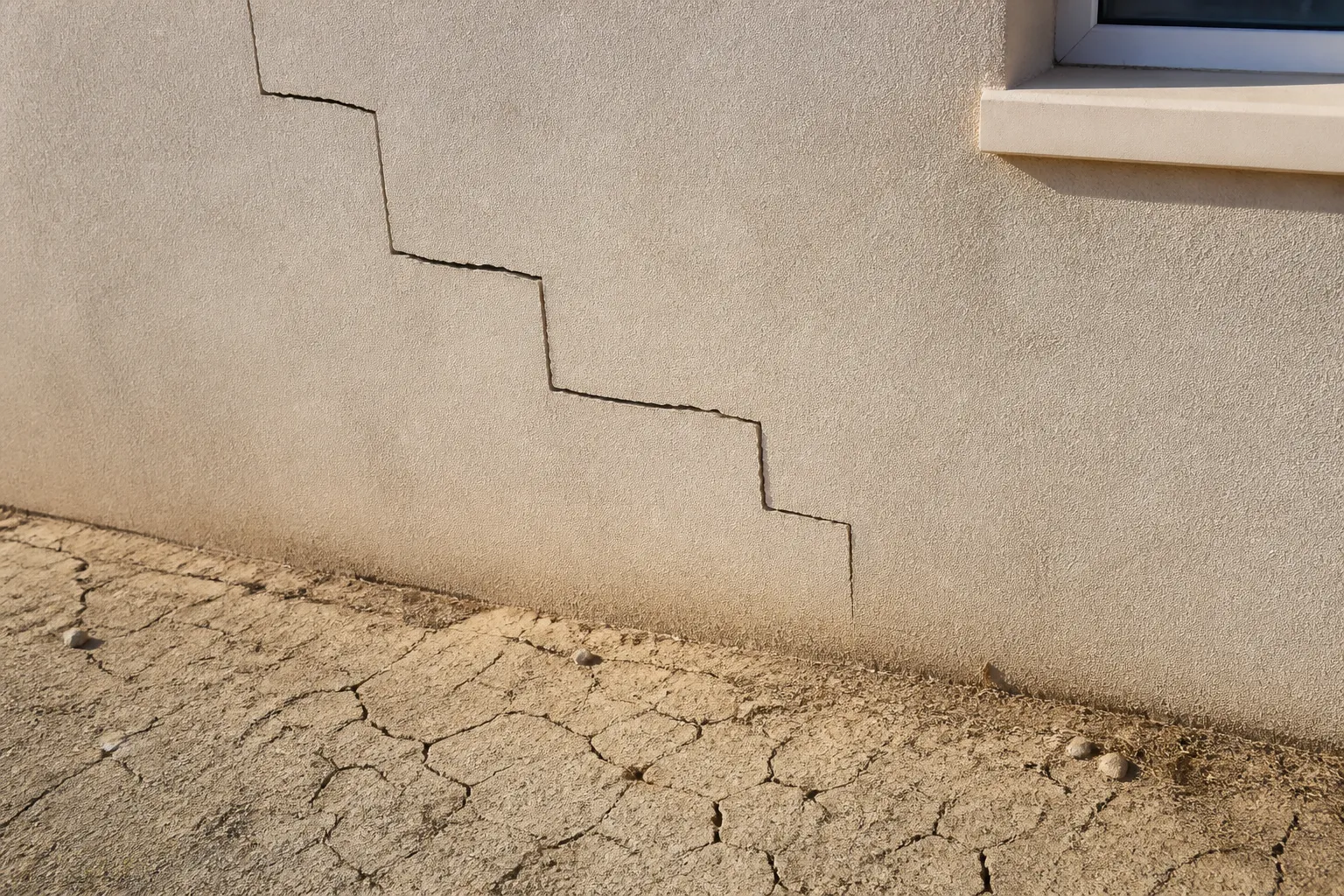 Fissure en escalier sur un mur de maison individuelle après un été sec