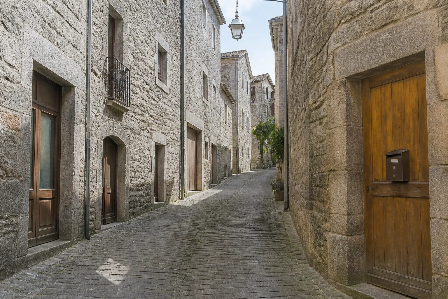 Rue de centre ancien avec façades en pierre en Lozère