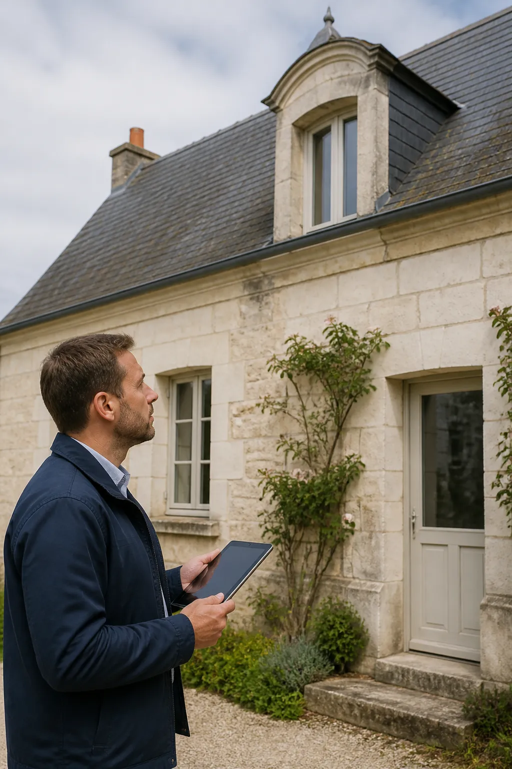 Expert en bâtiment devant une maison en pierre blanche avec toiture en ardoise