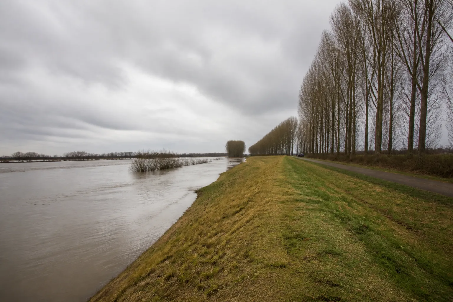 Fleuve large en période de hautes eaux avec une levée enherbée