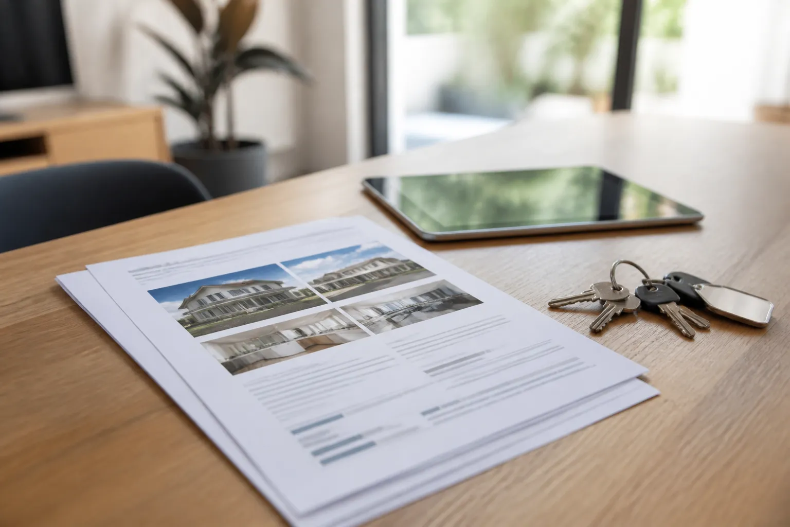 Rapport d’expertise posé sur une table avec des clés de maison