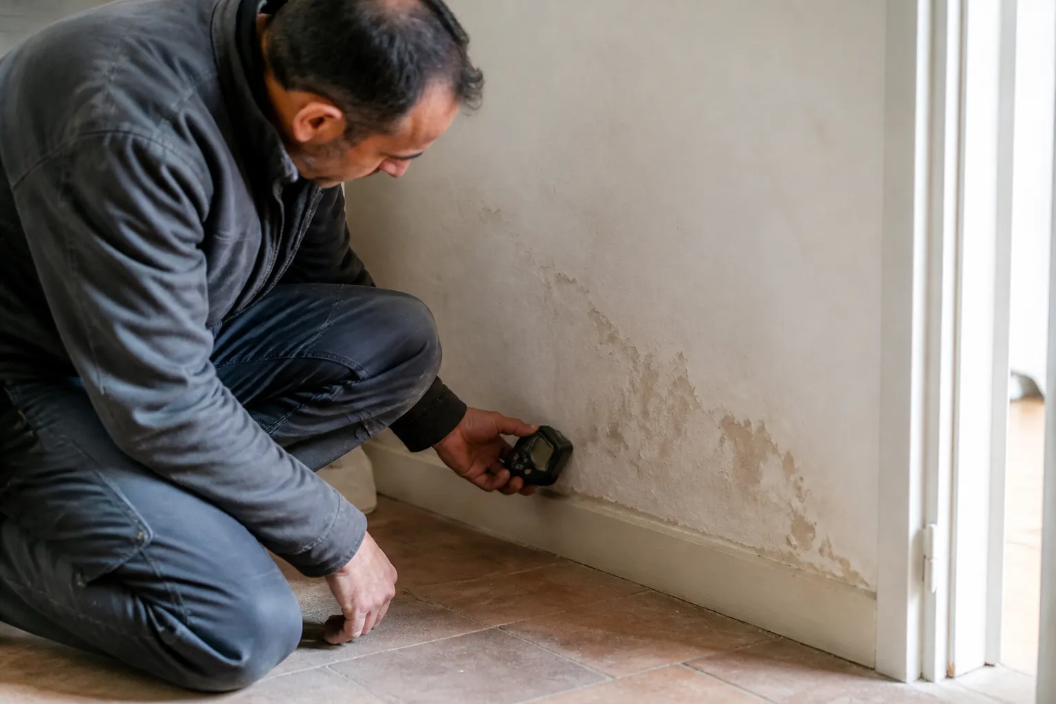 Expert mesurant l’humidité au pied d’un mur