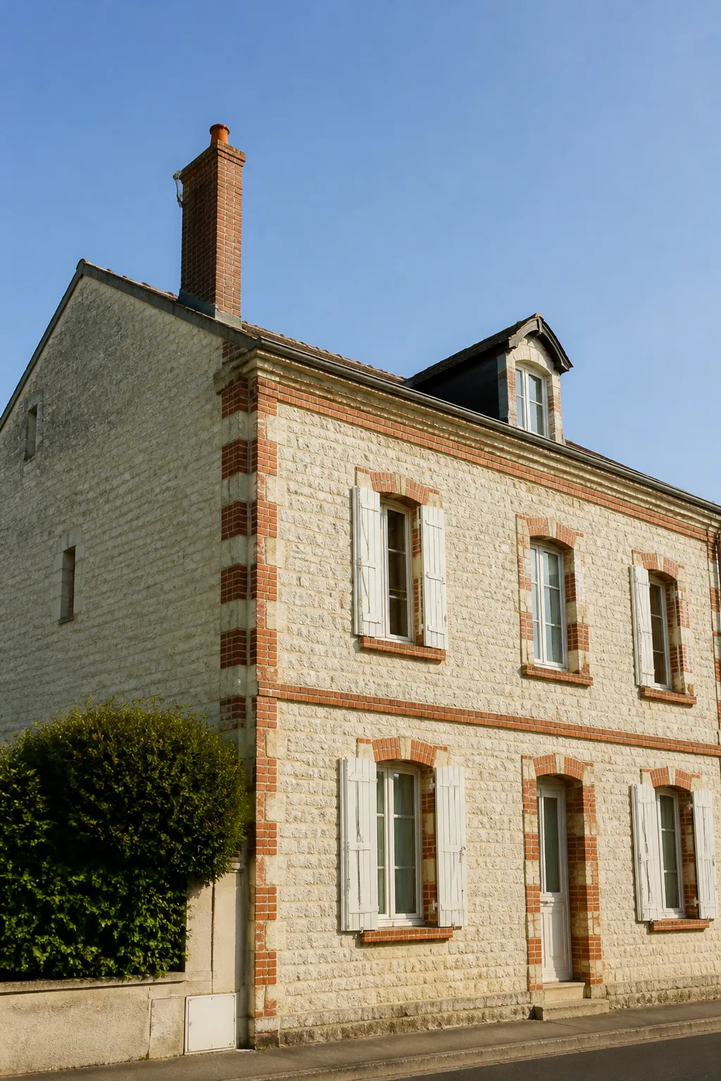 Maison en craie et brique en Champagne, vue verticale