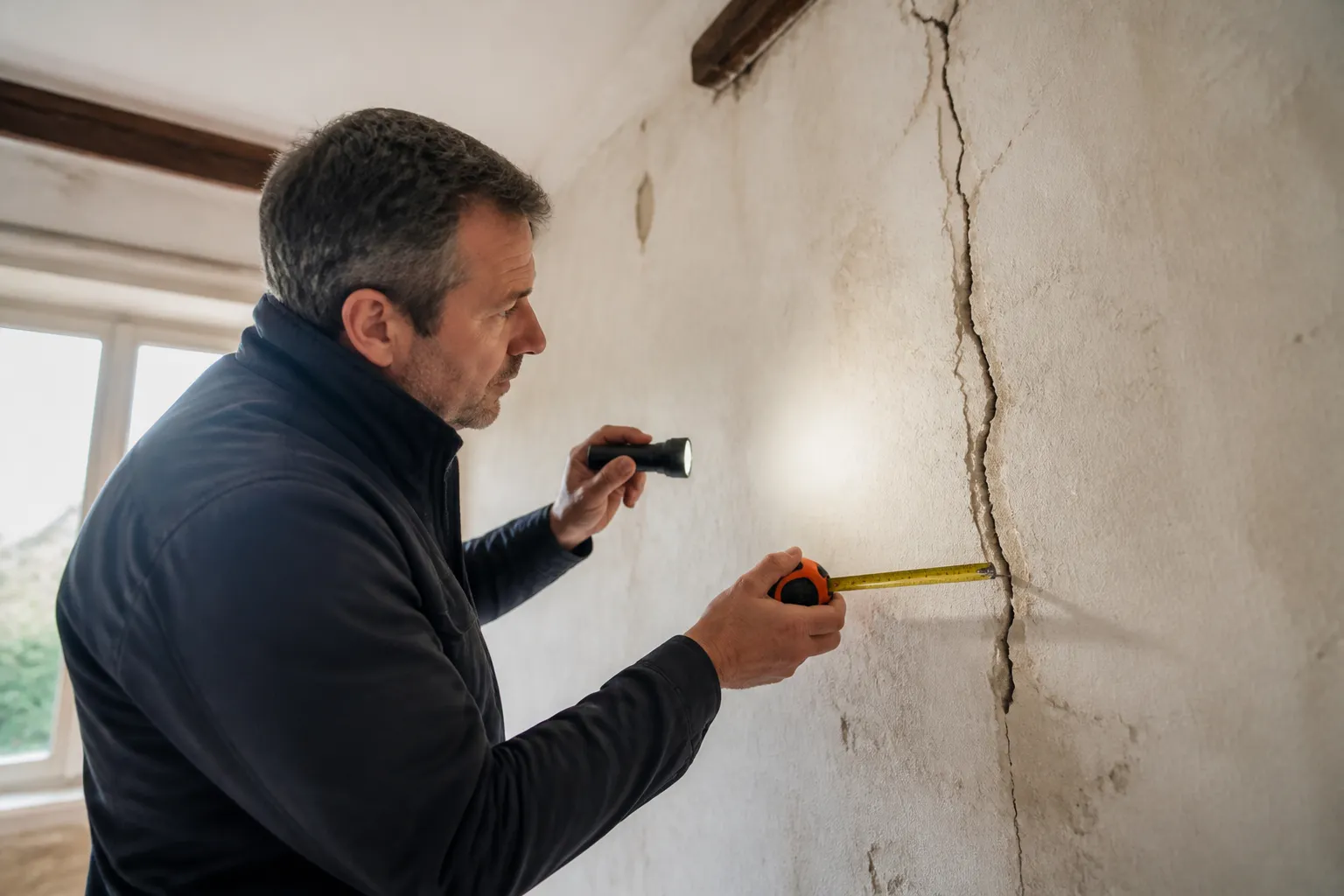 Expert examinant une fissure sur un mur intérieur