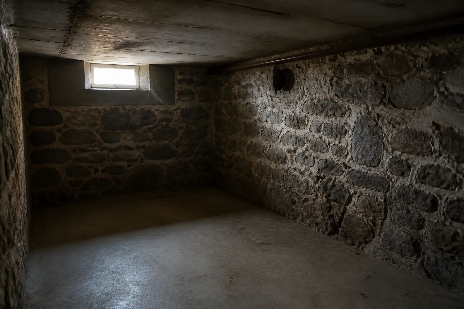 Sous-sol de maison avec ventilation et murs en pierre