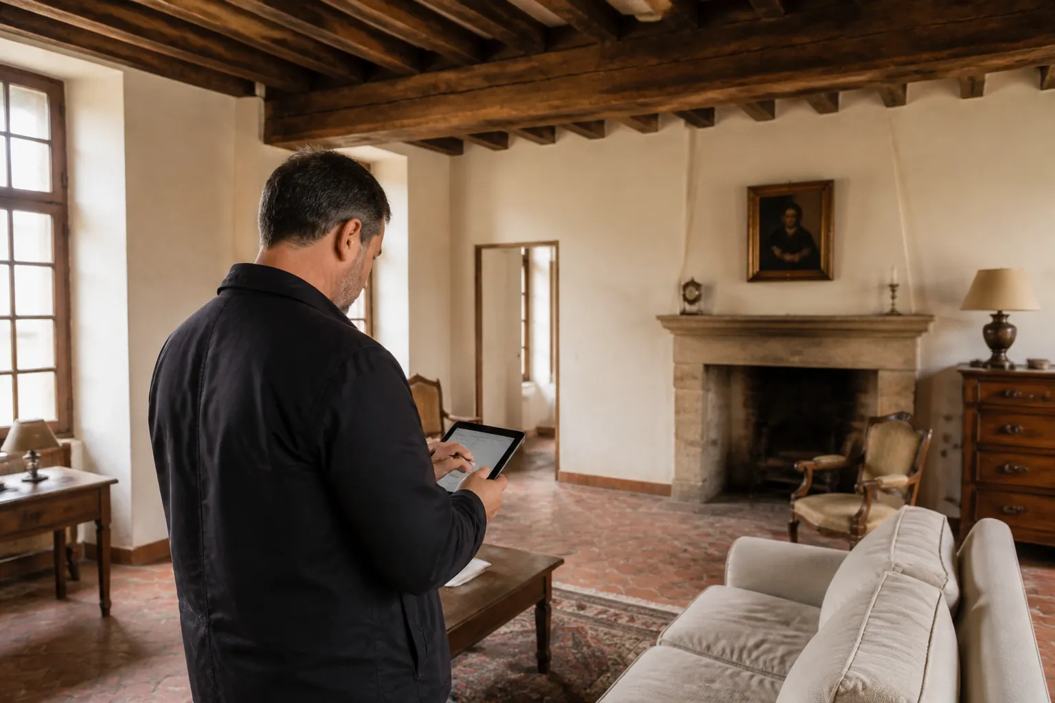 Expert en bâtiment prenant des notes dans une maison en cours de visite