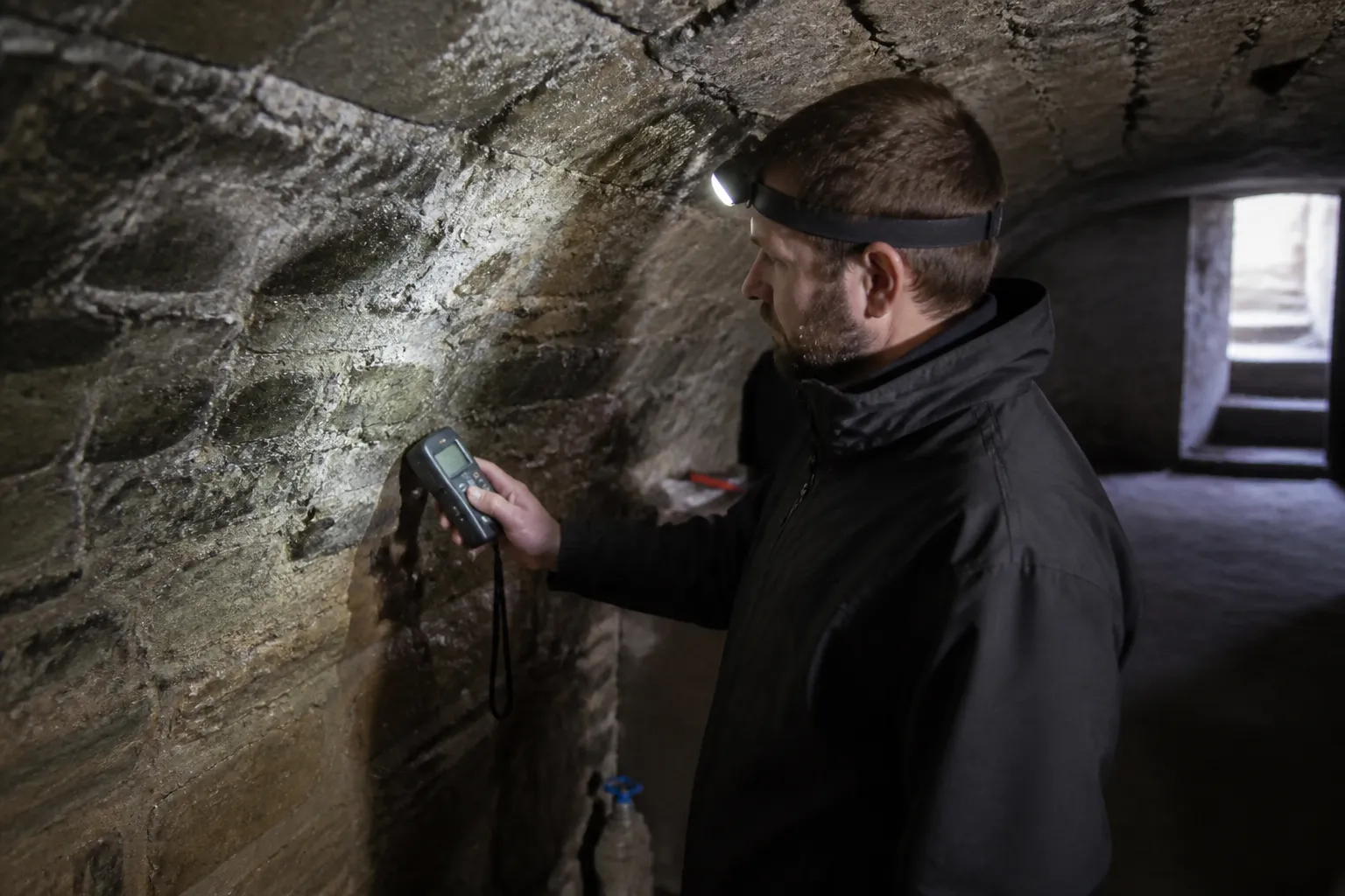 Expert mesurant l’humidité d’un mur de cave voûtée
