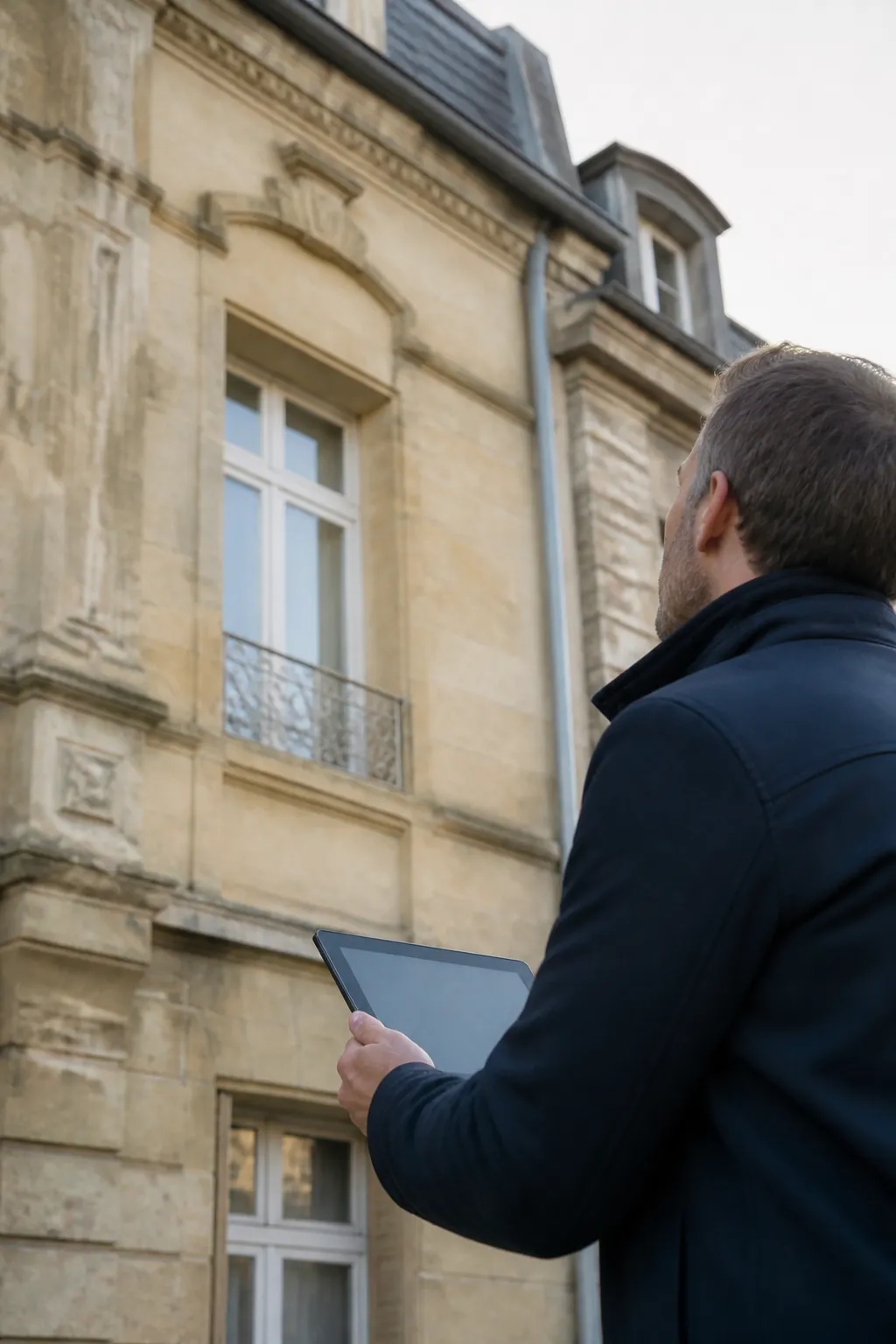 Expert en bâtiment devant un immeuble ancien en pierre calcaire jaune