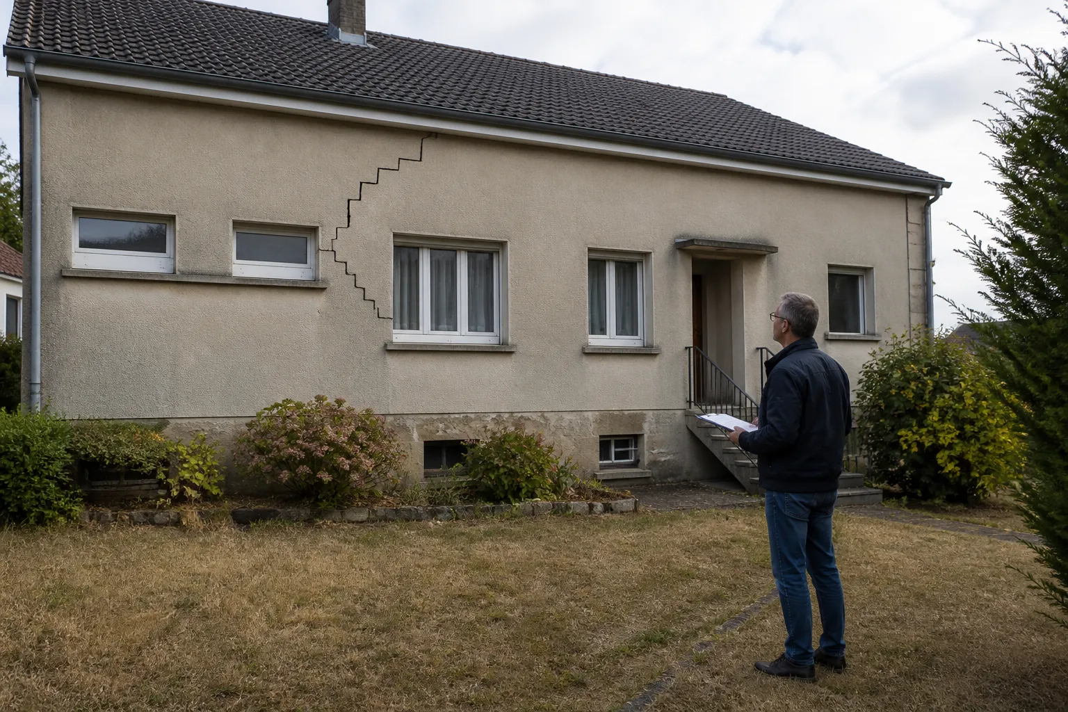 Maison individuelle avec fissure en escalier sur la façade