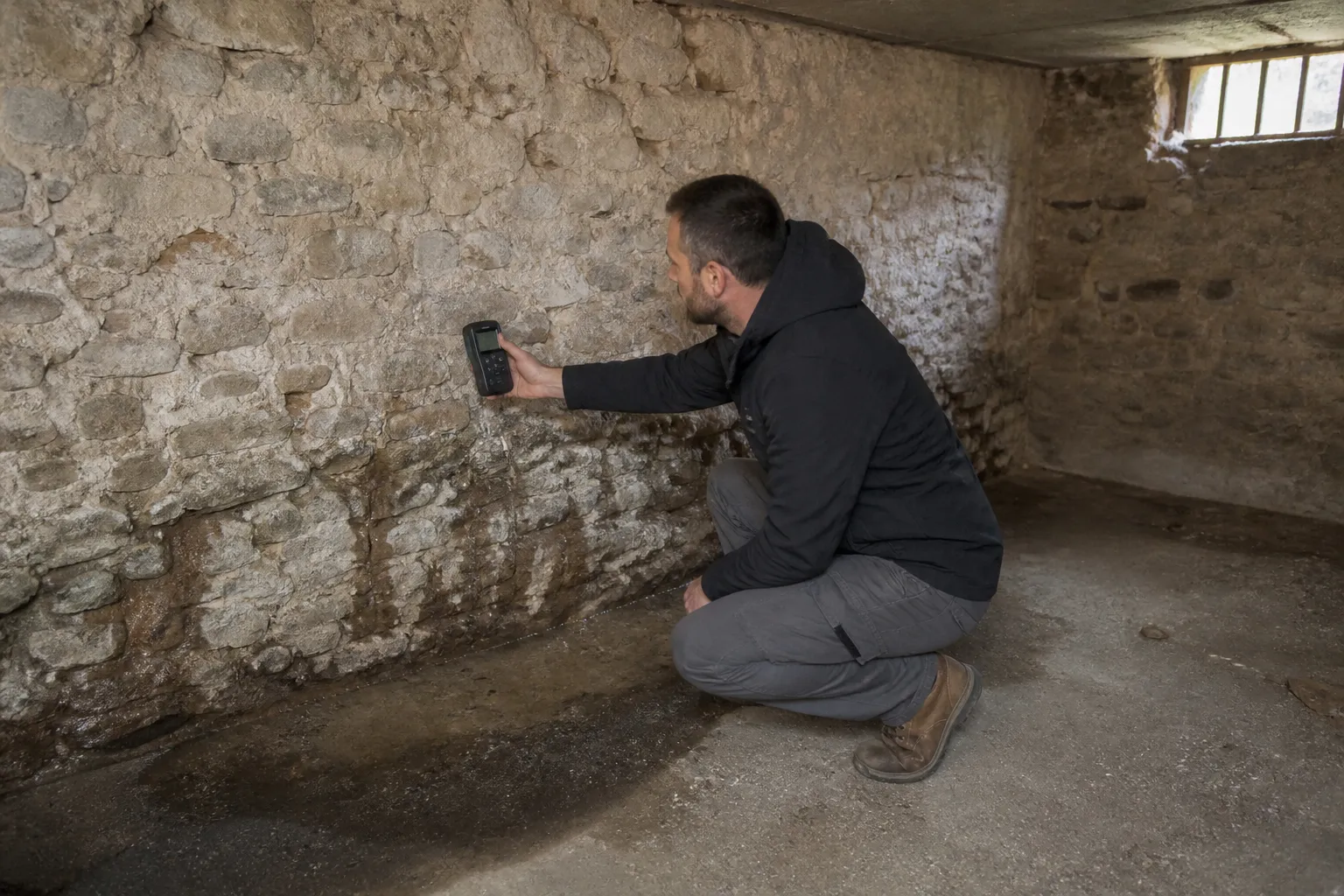 Expert mesurant l'humidité d'un mur de cave