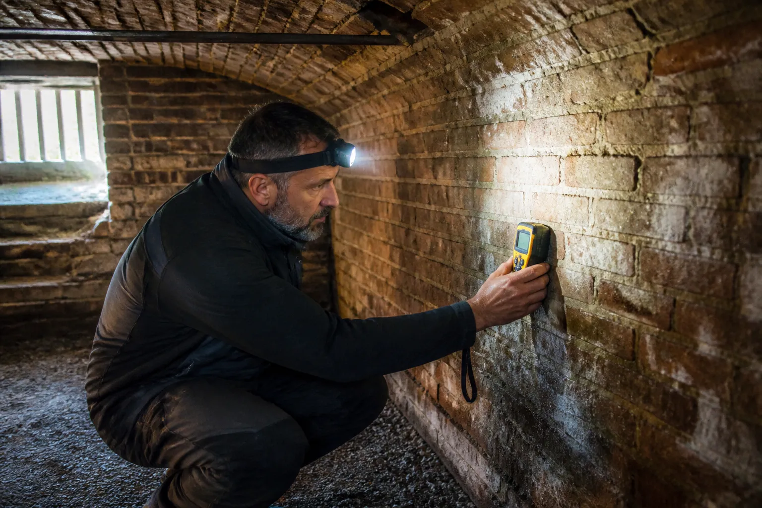 Expert en bâtiment mesurant l'humidité d'un mur de cave en brique