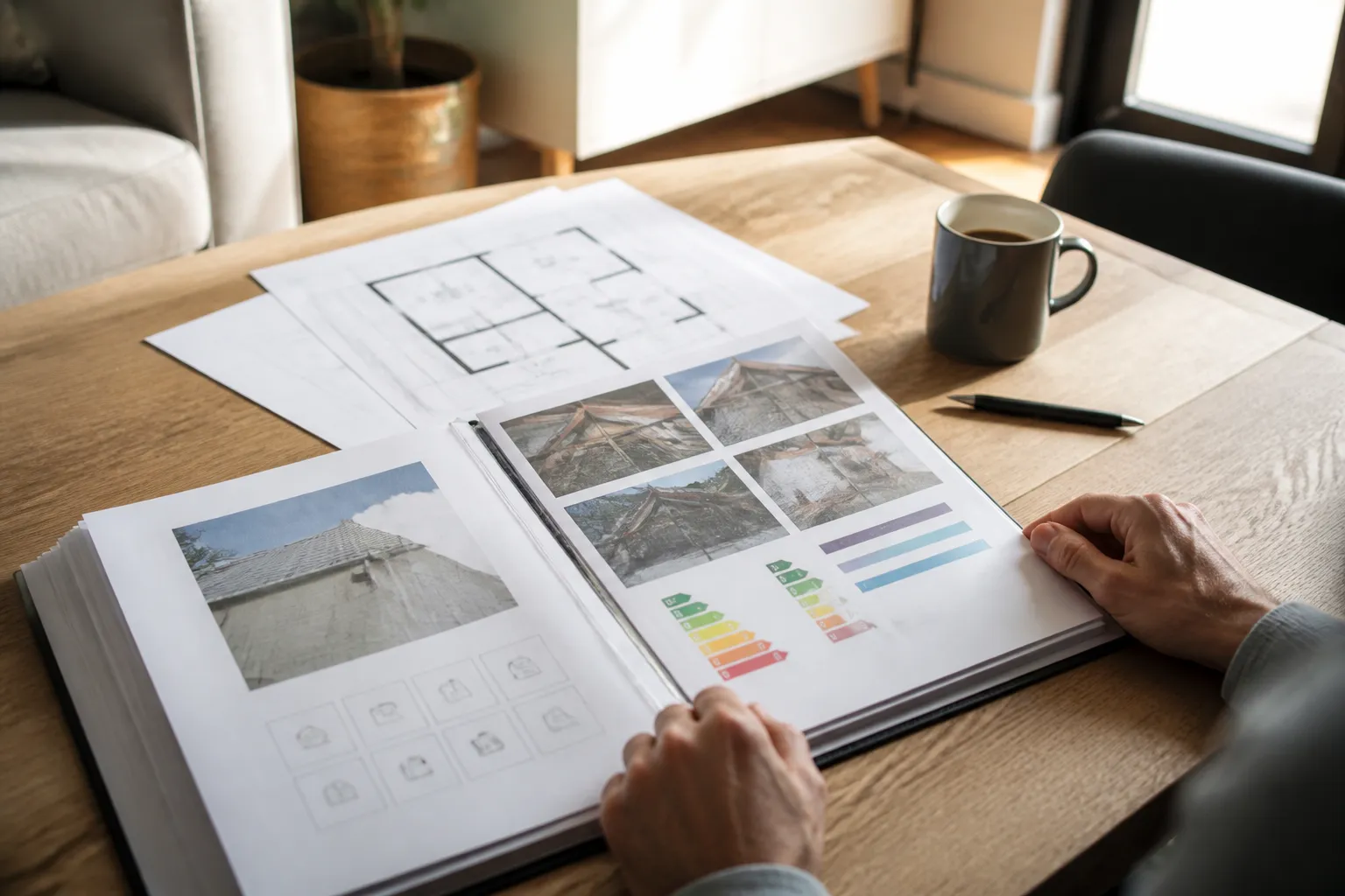 Acheteur lisant un dossier de diagnostics sur une table