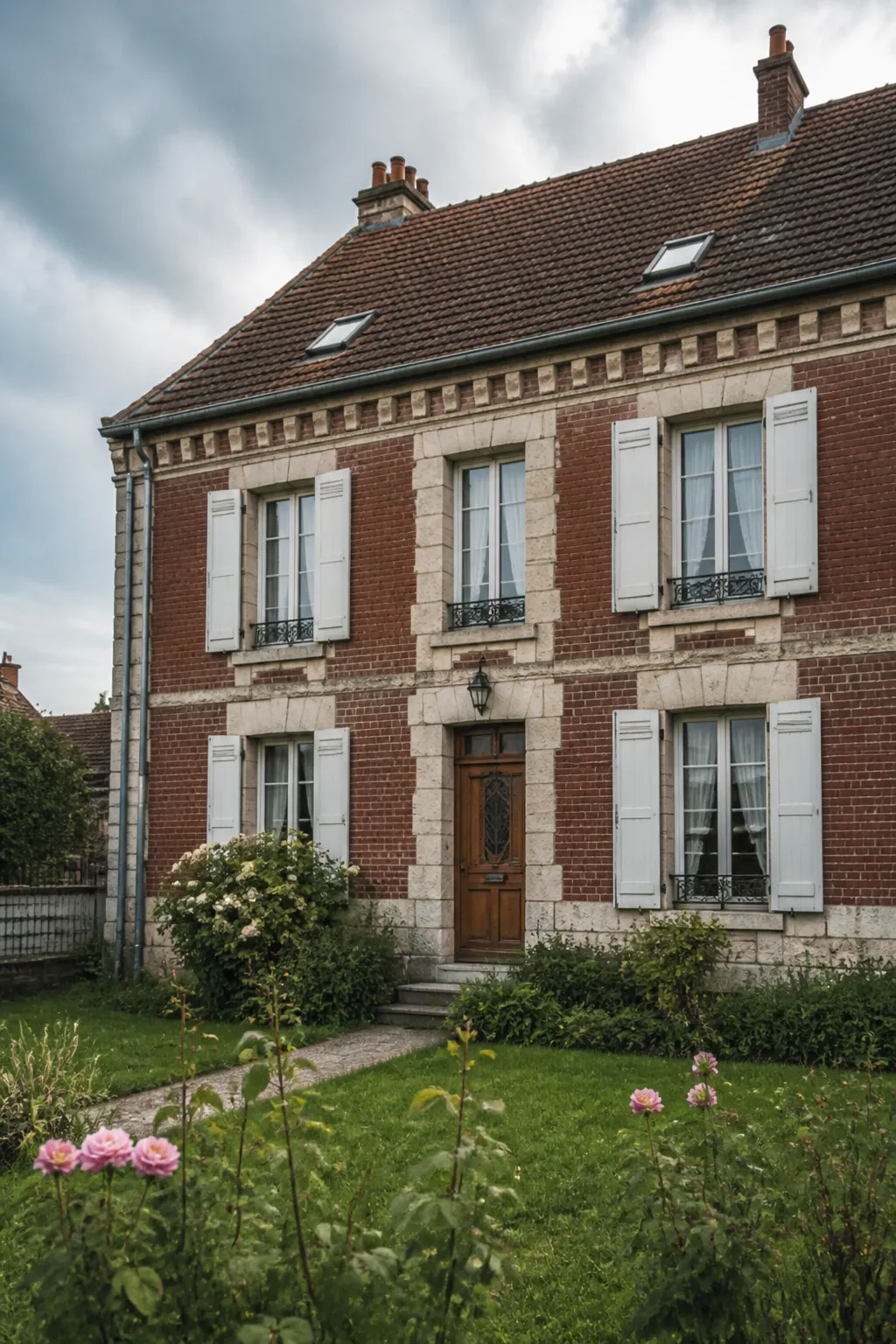 Maison de ville en brique et pierre dans l’Oise, vue de la rue