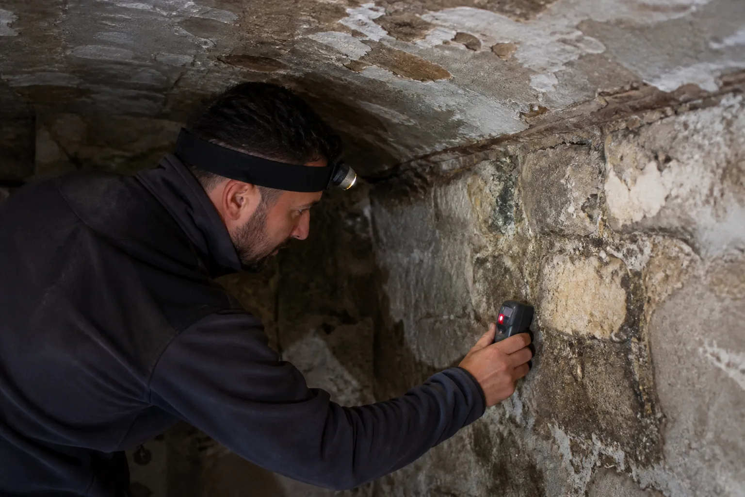 Expert mesurant l’humidité d’un mur de sous-sol