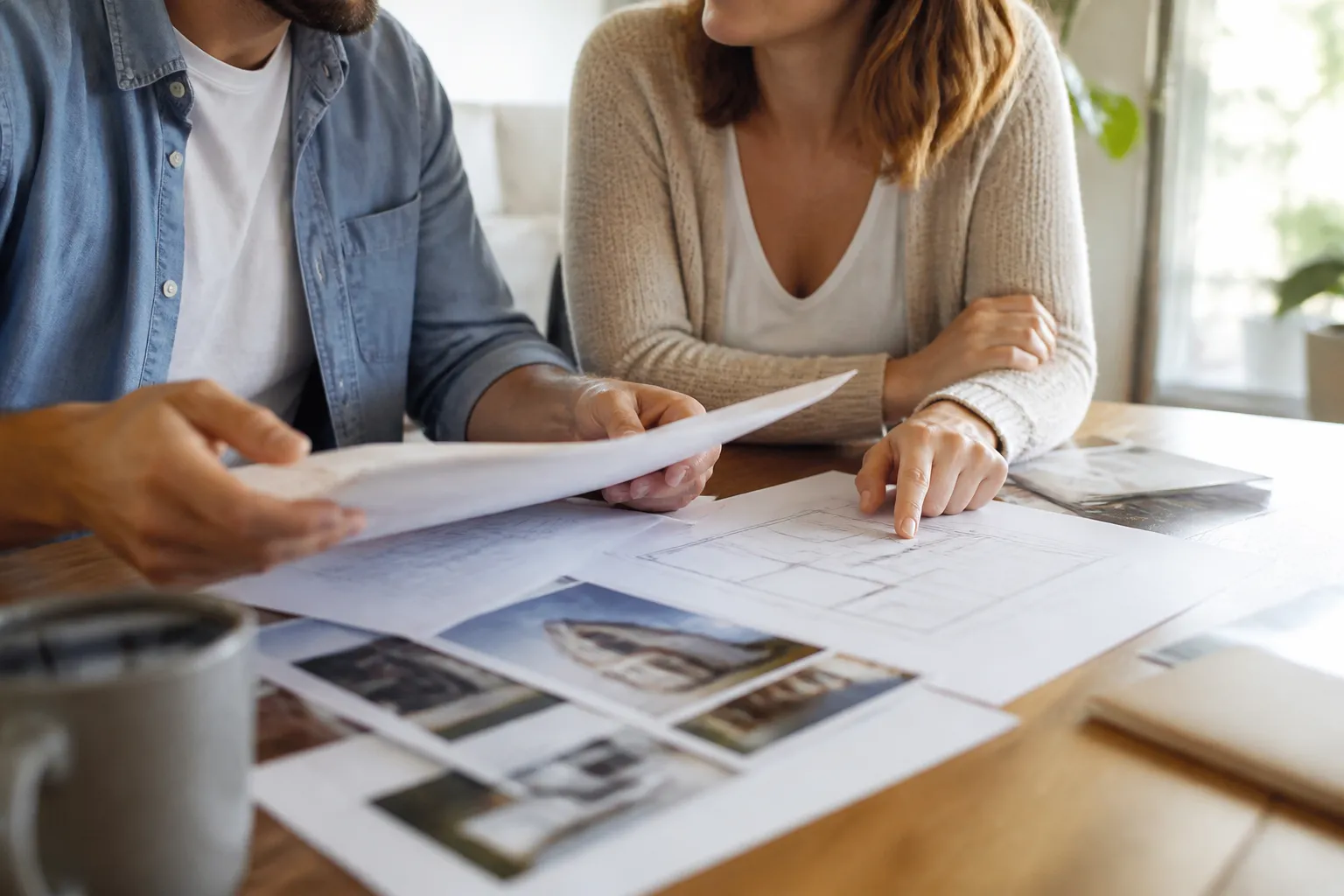 Acheteurs lisant des documents de vente sur une table