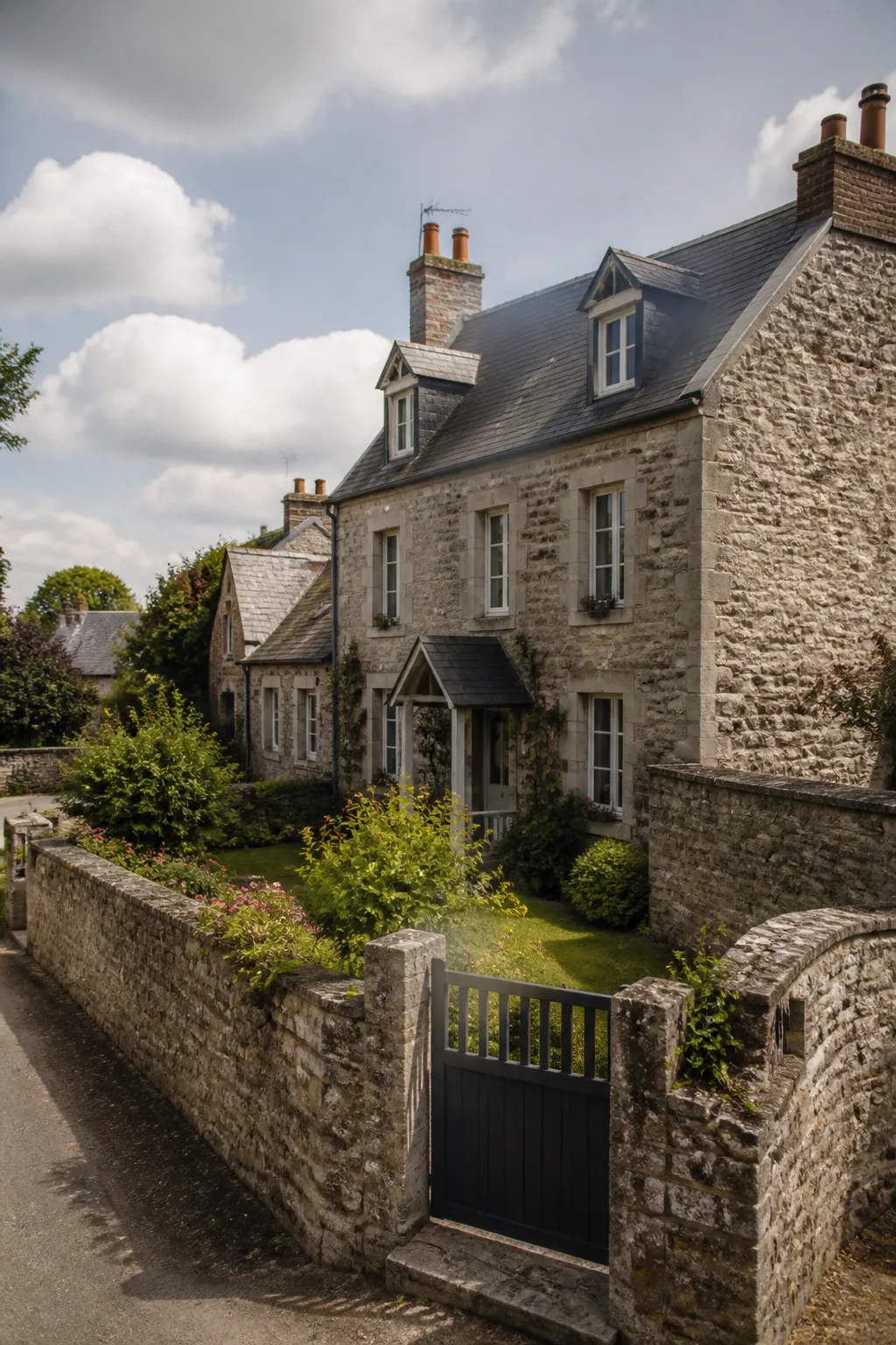 Maison ancienne en pierre dans un bourg normand