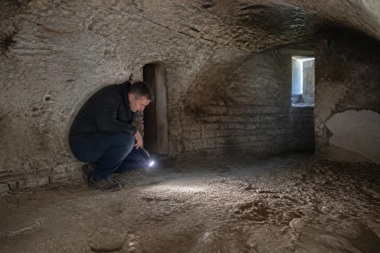 Cave ancienne creusée inspectée par un expert