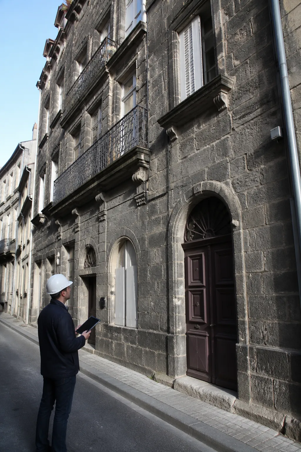 Expert en bâtiment observant la façade en pierre volcanique d’un immeuble ancien dans le Puy-de-Dôme