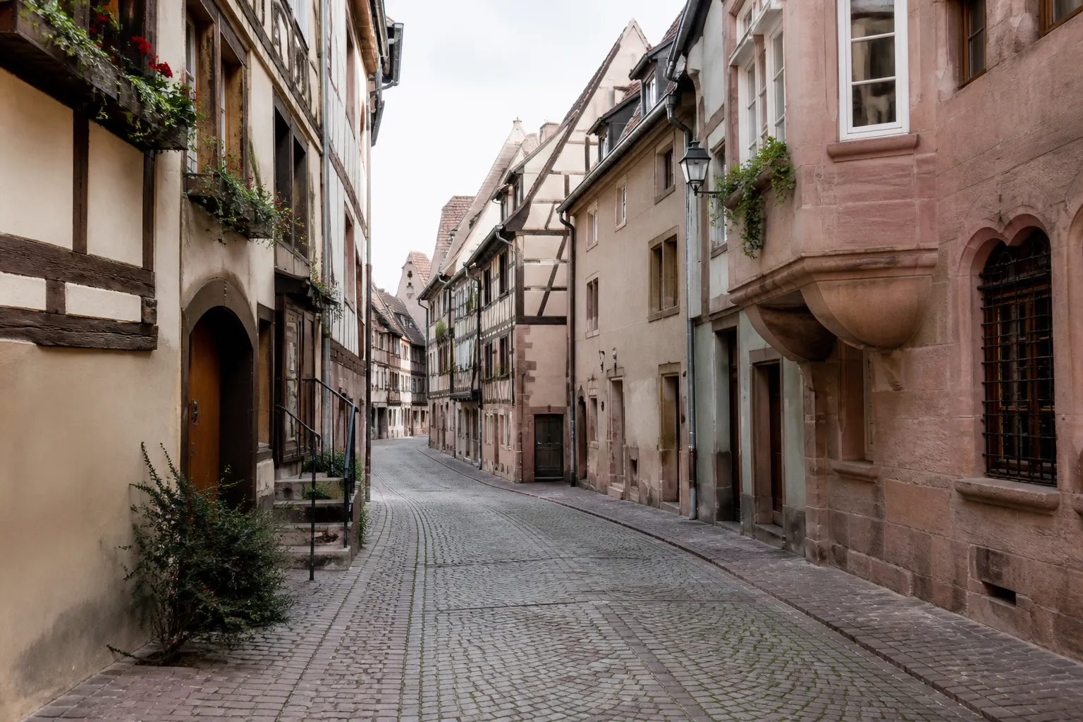 Rue de centre ancien bordée de maisons à colombages dans le Bas-Rhin