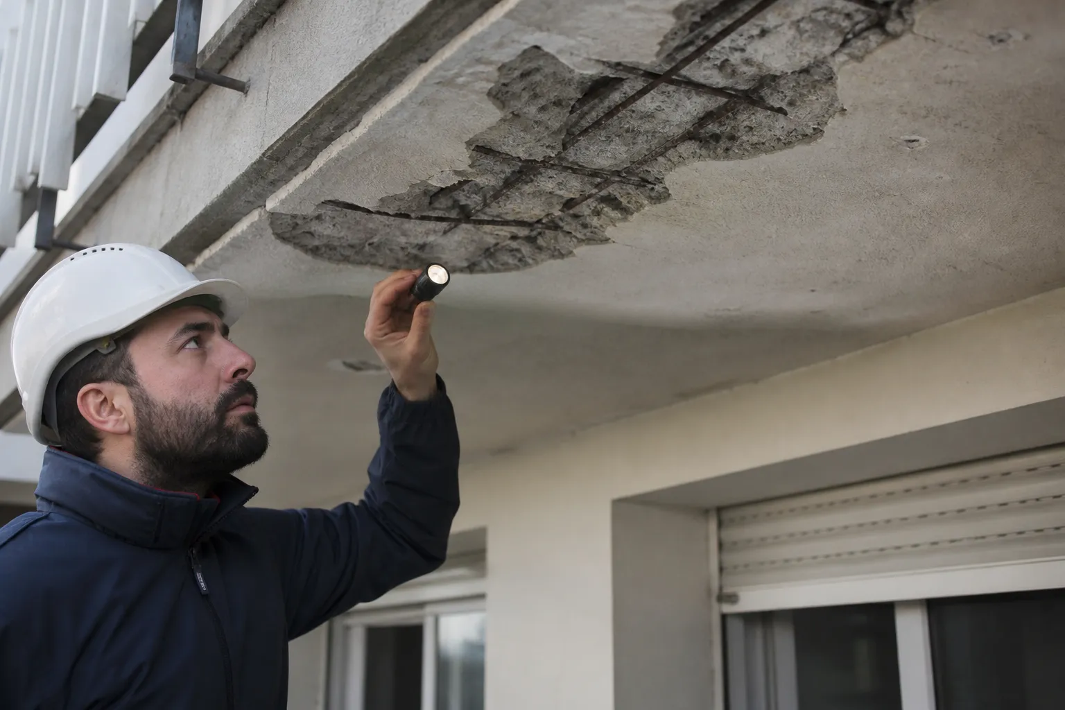 Expert en bâtiment examinant un balcon en béton