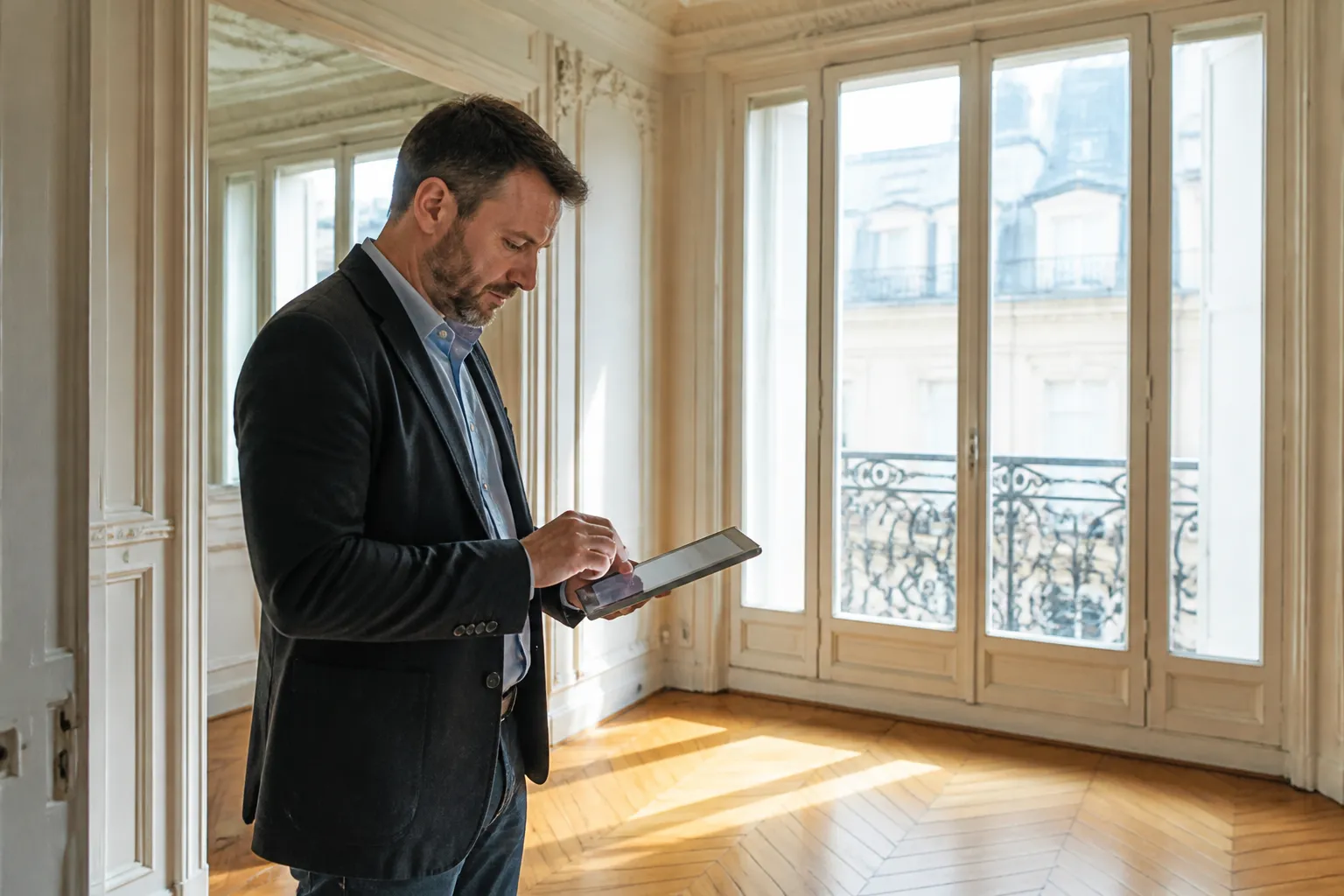 Expert en bâtiment rédigeant ses constats après la visite d'un appartement