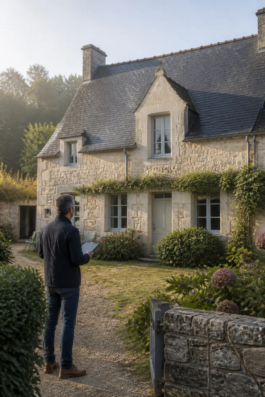 Expert en bâtiment observant la façade d’une maison en pierre claire avant un achat dans la Sarthe