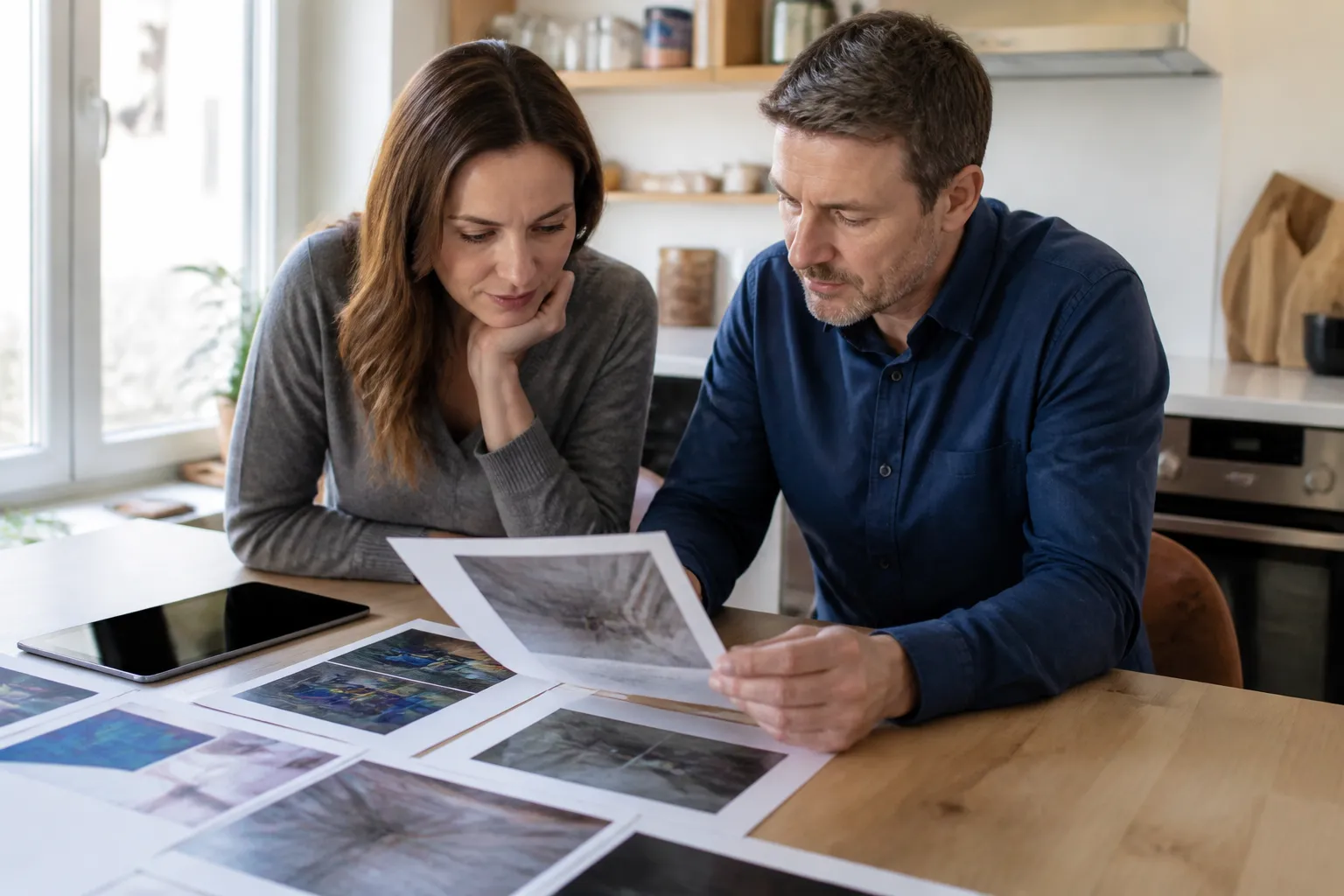 Acheteurs consultant un rapport d’expertise sur une table