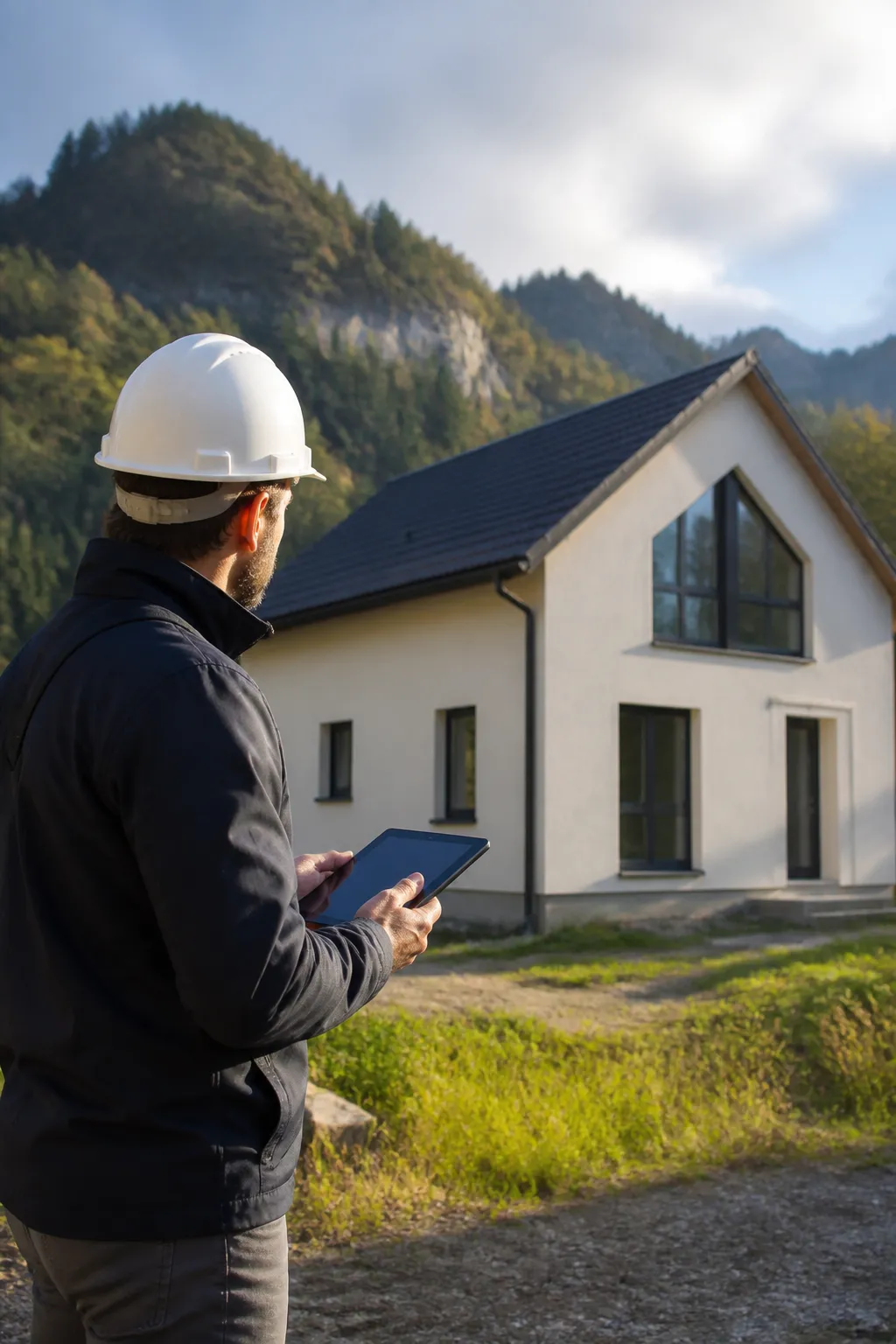 Expert en bâtiment devant une maison de montagne avant un achat en Savoie