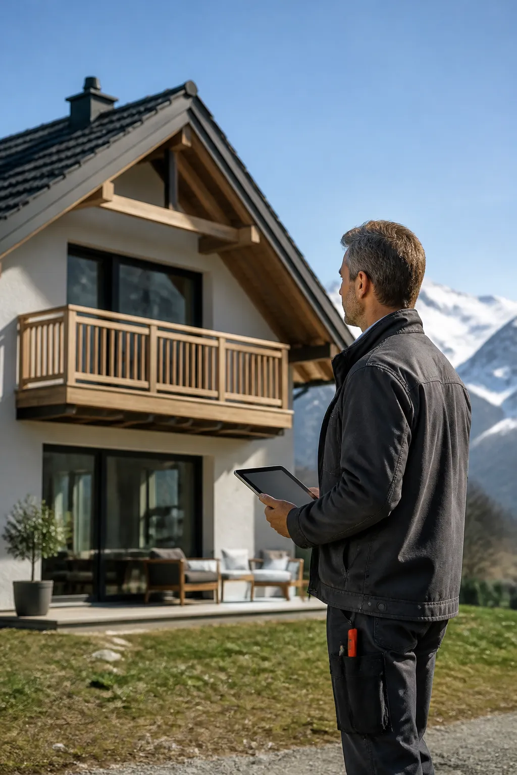 Expert en bâtiment devant une maison avec montagnes en arrière-plan en Haute-Savoie
