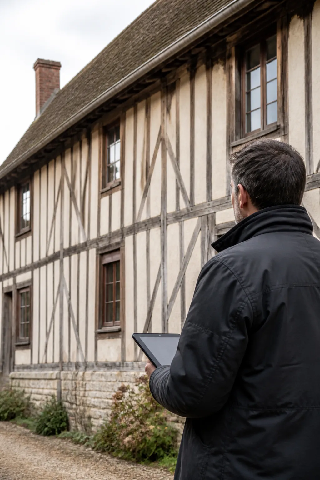 Expert en bâtiment examinant une maison normande à pans de bois en Seine-Maritime