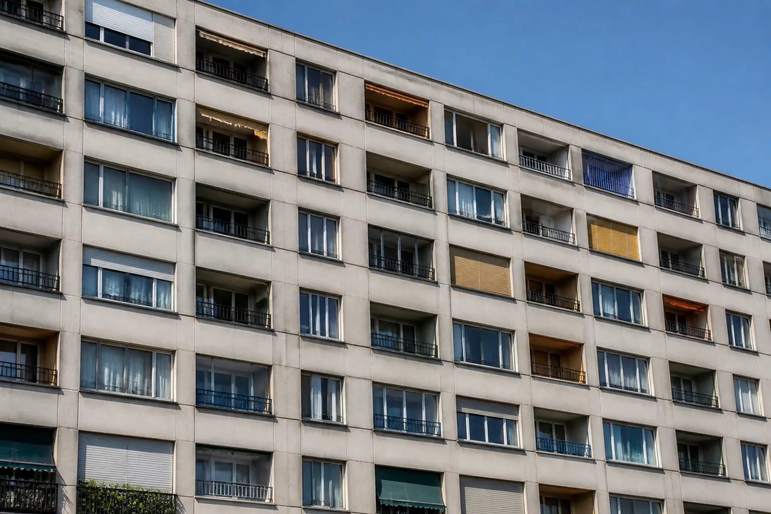 Immeuble d’après-guerre en béton armé avec façade à trame régulière