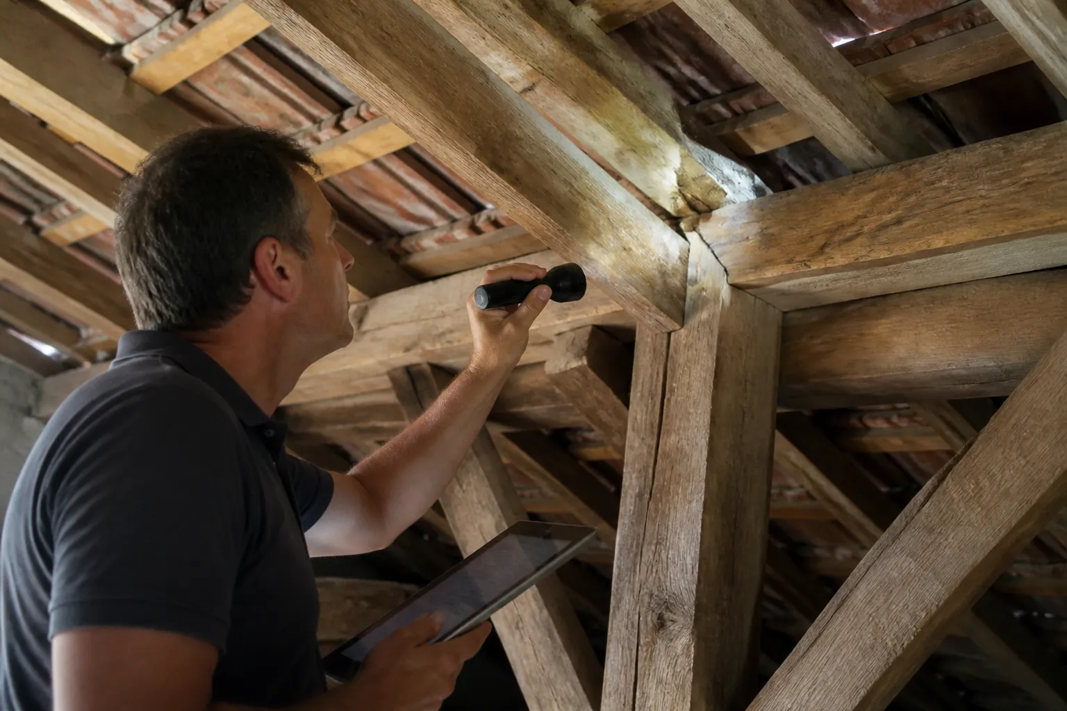 Expert examinant une charpente traditionnelle dans un grenier